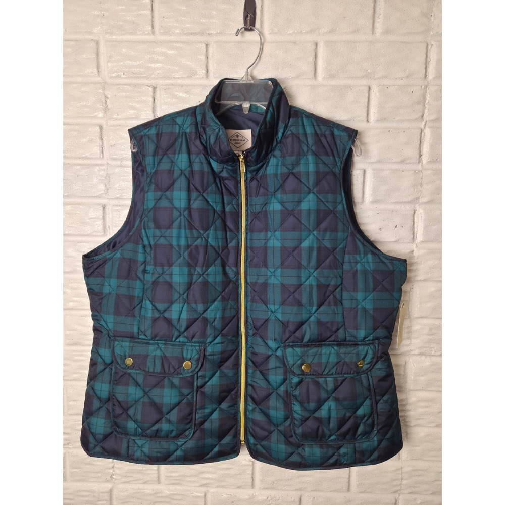 St John's Bay vest Women's size XXL Green Blue Tartan Full zip NWT